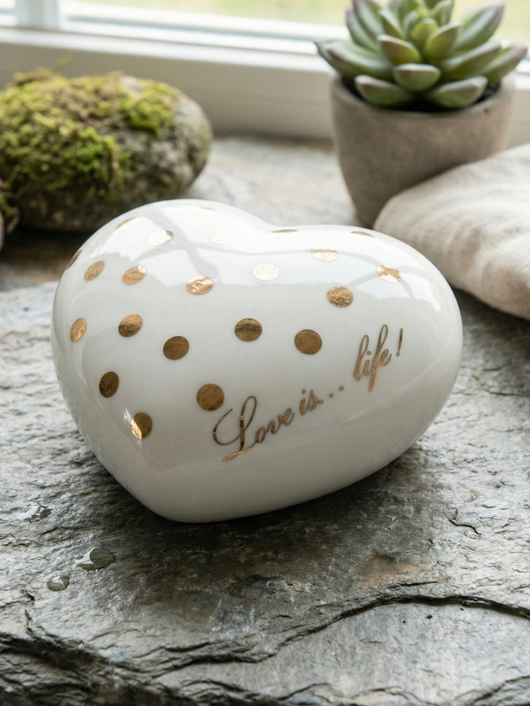 wit hart- kleine urn - hart urn - porselein met goudkleurige stippen - mini urn - hartvorm urn - urn hart - rememberme webshop